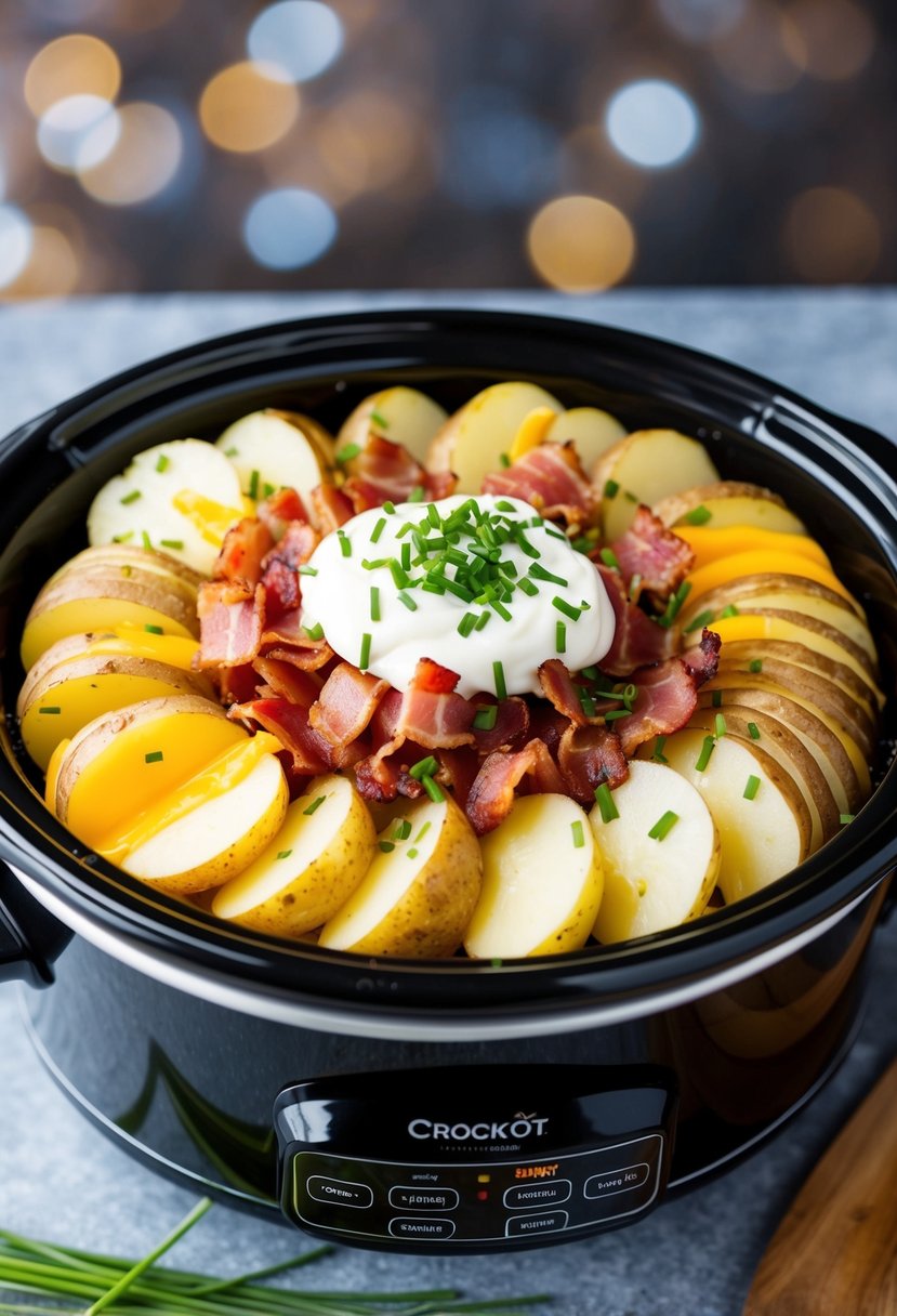 A crockpot filled with layers of sliced potatoes, bacon, cheese, and sour cream, topped with chives and ready for baking