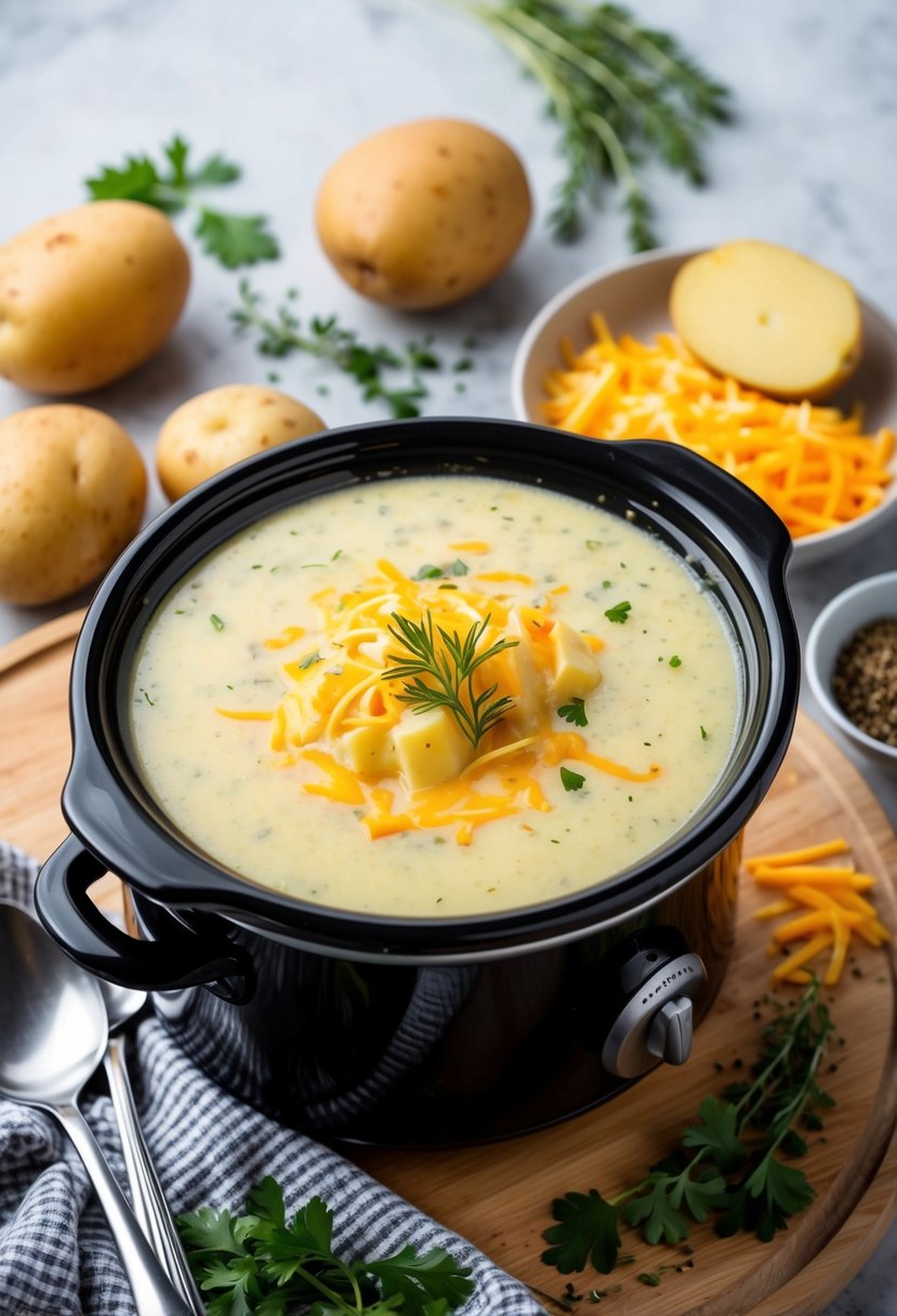 A bubbling crockpot filled with creamy, cheesy potato soup surrounded by fresh potatoes, cheese, and herbs