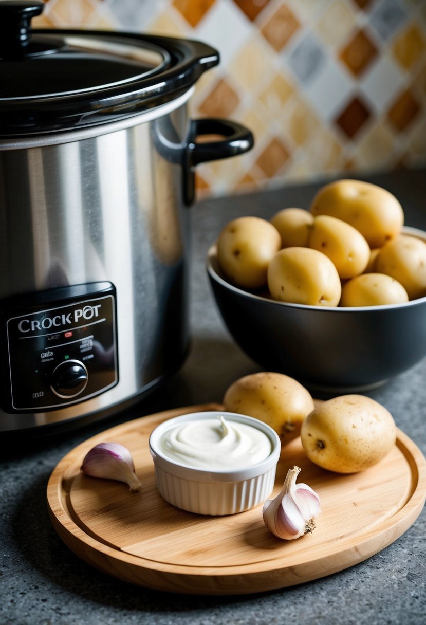 Garlic cloves, potatoes, and a dollop of sour cream sit on a countertop next to a crockpot