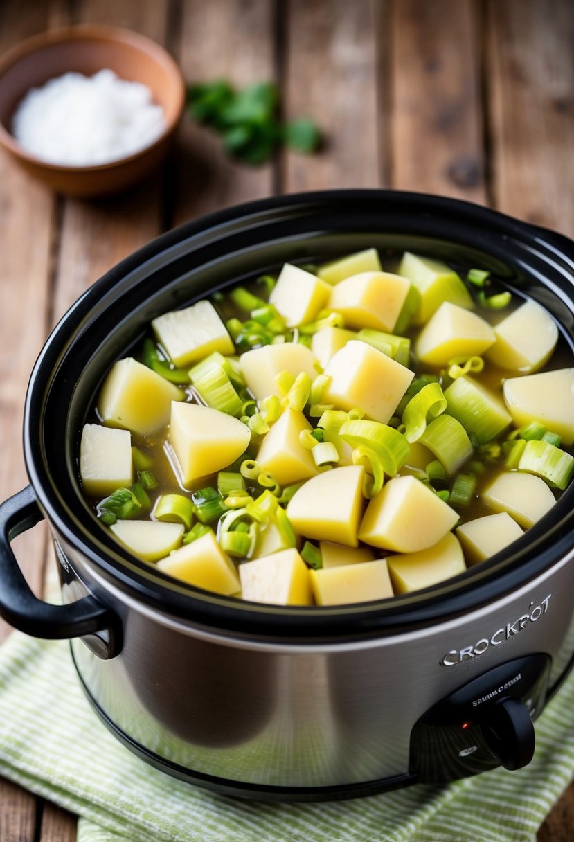 A crockpot filled with diced potatoes and leeks simmering in broth