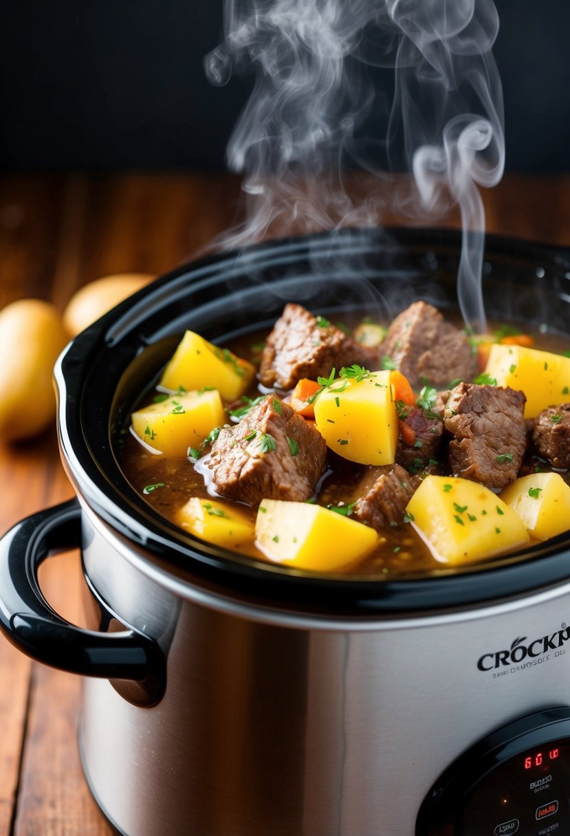 A bubbling crockpot filled with chunks of beef, potatoes, and savory broth, steam rising from the hearty stew