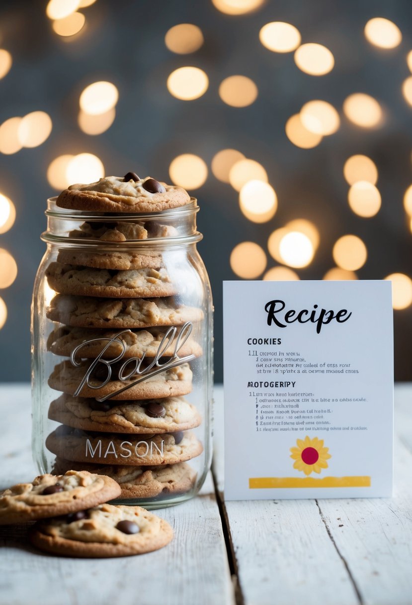 A mason jar filled with cookies and a recipe card beside it