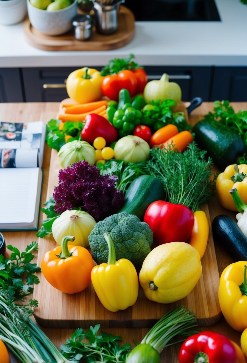 A colorful array of fresh fruits, vegetables, and herbs arranged on a wooden cutting board, surrounded by kitchen utensils and a cookbook