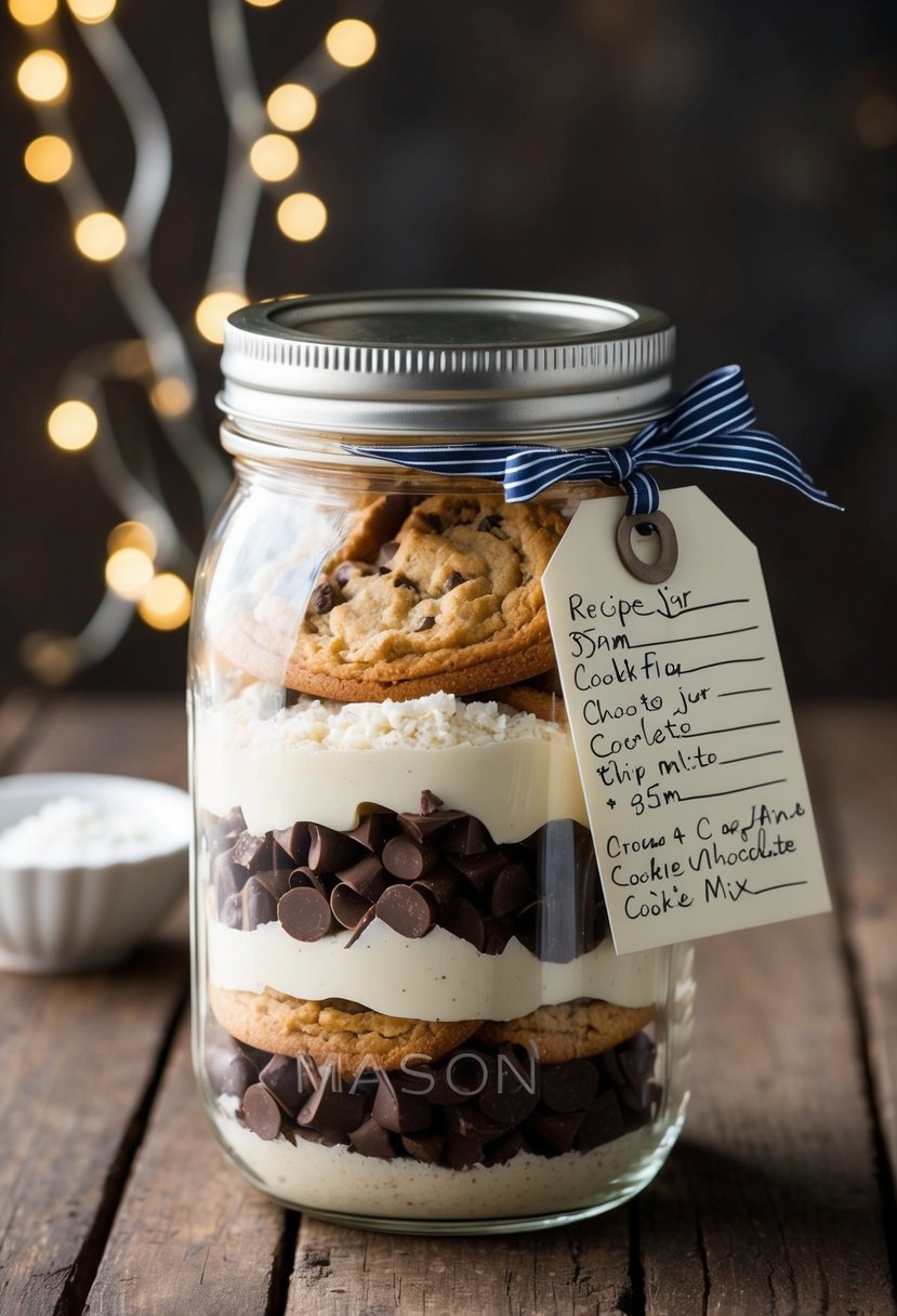 A mason jar filled with layers of chocolate chip cookie mix, sealed with a ribbon and a recipe tag attached