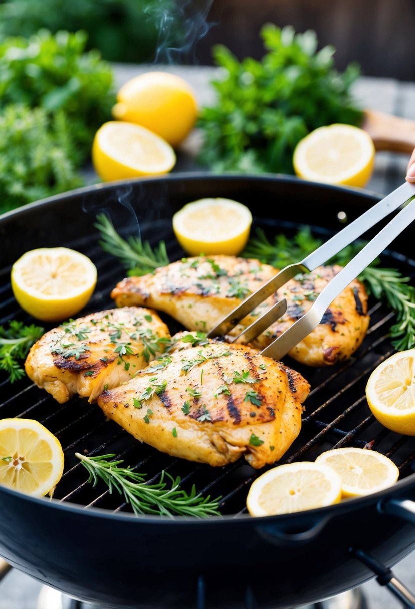 A sizzling lemon herb chicken grilling on a barbecue surrounded by fresh herbs and lemons