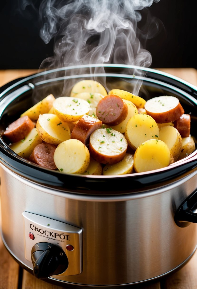 A steaming crockpot filled with layers of sliced potatoes and savory sausage, emitting a mouthwatering aroma