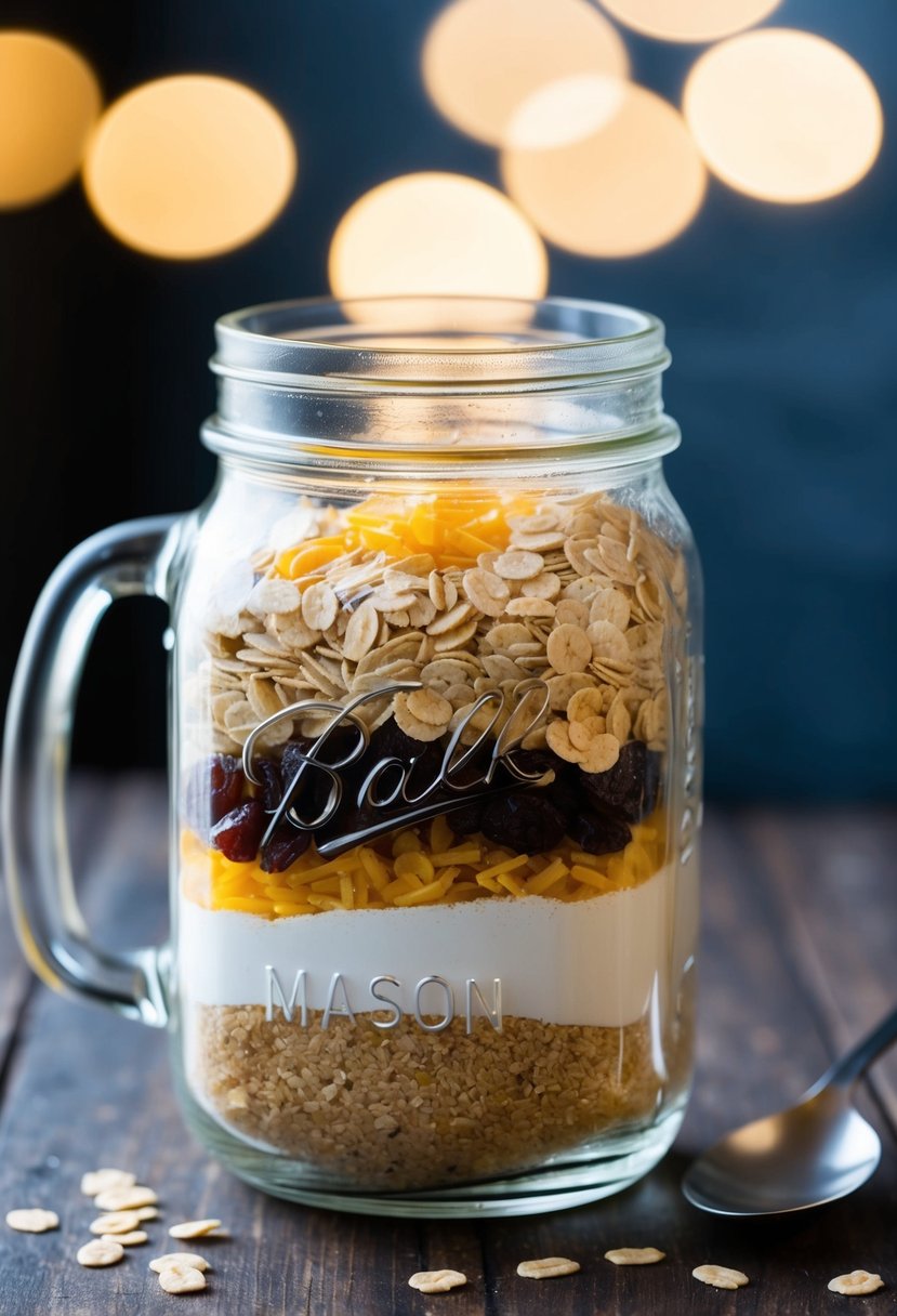 A mason jar filled with layers of oatmeal raisin cookie ingredients, ready to be mixed and baked