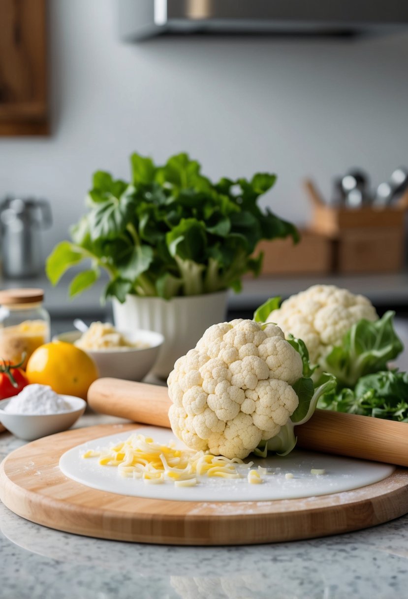 A kitchen counter with fresh cauliflower, a rolling pin, and various ingredients for making pizza crust