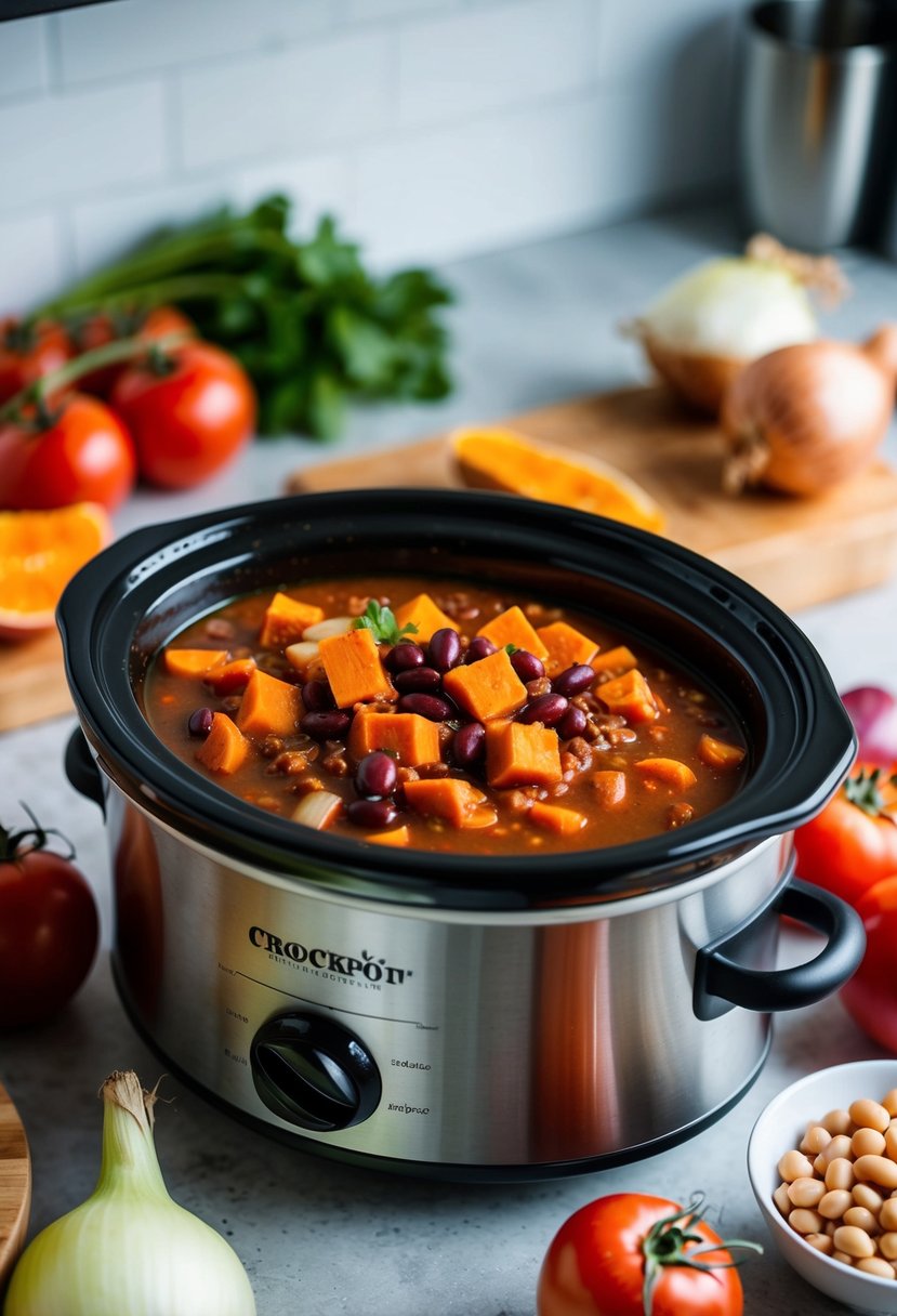 A crockpot filled with sweet potato chili simmering on a kitchen counter. Onions, tomatoes, and beans surround the pot