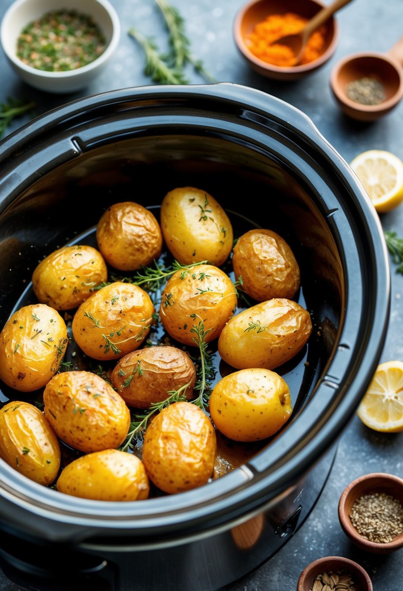 Golden potatoes roasting in a crockpot, surrounded by aromatic herbs and spices