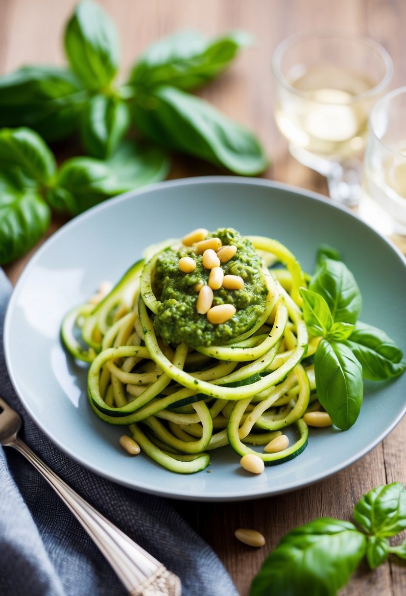 A plate of zucchini noodles topped with vibrant green pesto, garnished with pine nuts and fresh basil leaves