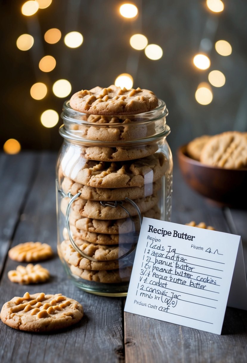 A mason jar filled with peanut butter cookies, next to a recipe card