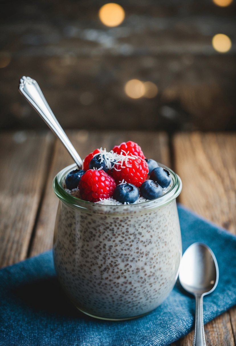 A glass jar filled with chia seed pudding topped with fresh berries and a sprinkle of coconut flakes, sitting on a rustic wooden table