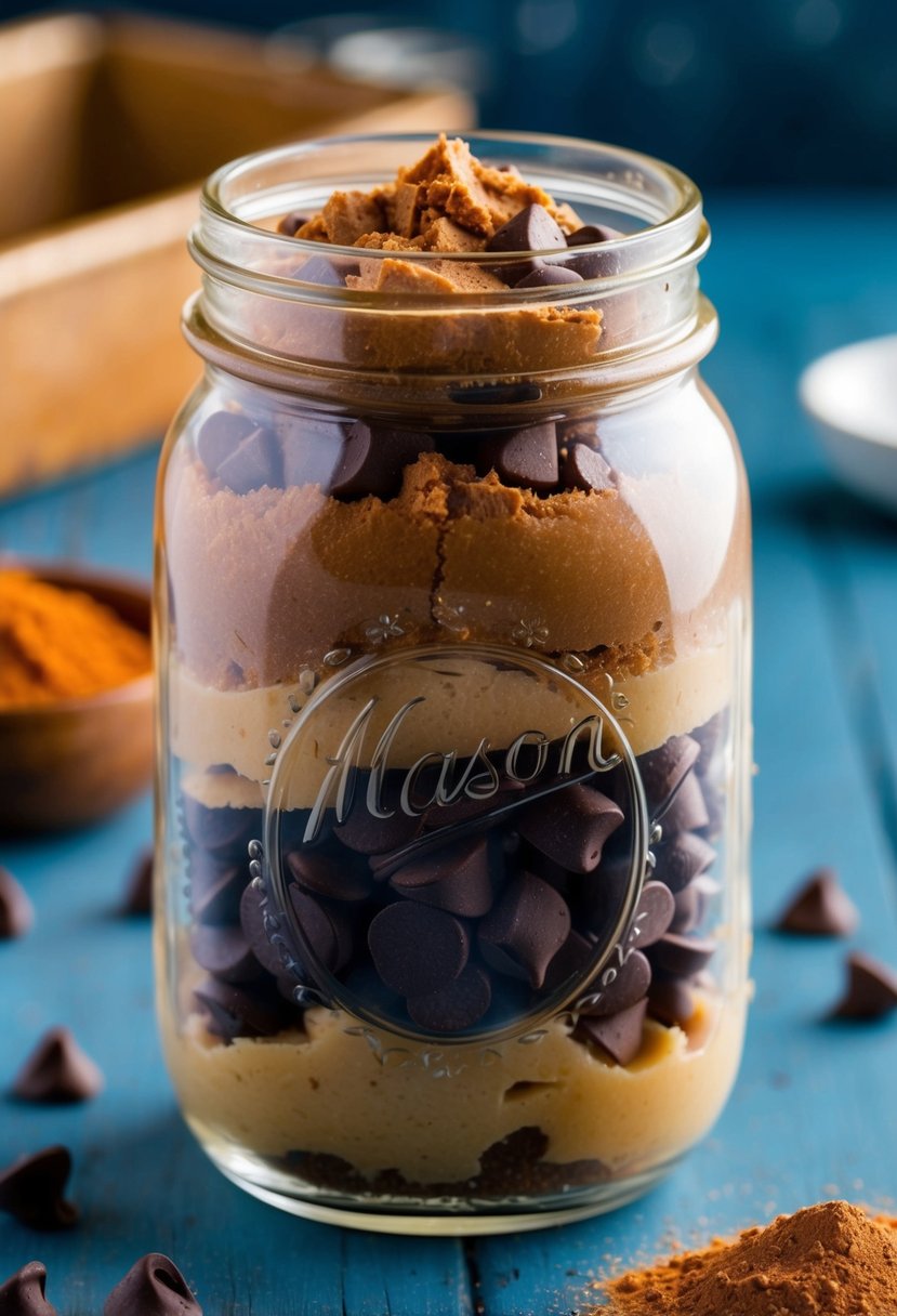 A mason jar filled with layers of chocolate cookie dough, chocolate chips, and cocoa powder, ready to be baked