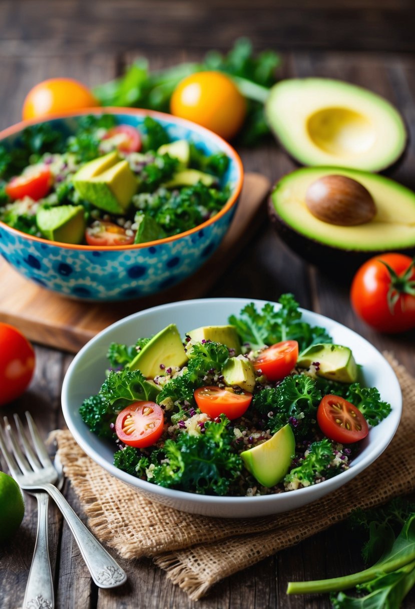 A vibrant quinoa salad with kale, tomatoes, and avocado arranged on a rustic wooden table, surrounded by fresh ingredients and a colorful salad bowl