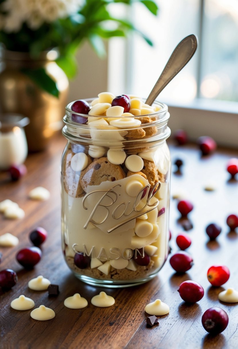 A mason jar filled with white chocolate cranberry cookie mix surrounded by scattered cranberries and chocolate chunks on a wooden table