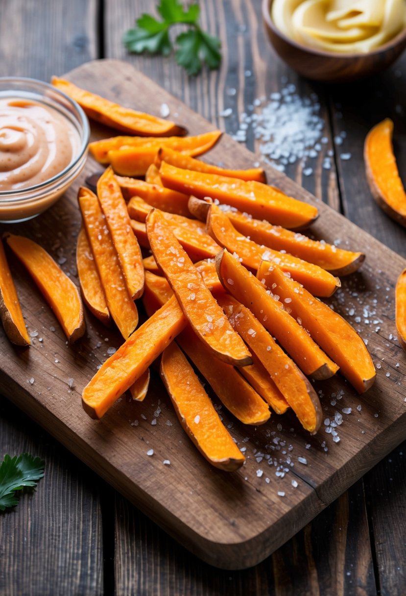 Golden sweet potato fries arranged on a rustic wooden cutting board with a sprinkle of sea salt and a side of tangy dipping sauce