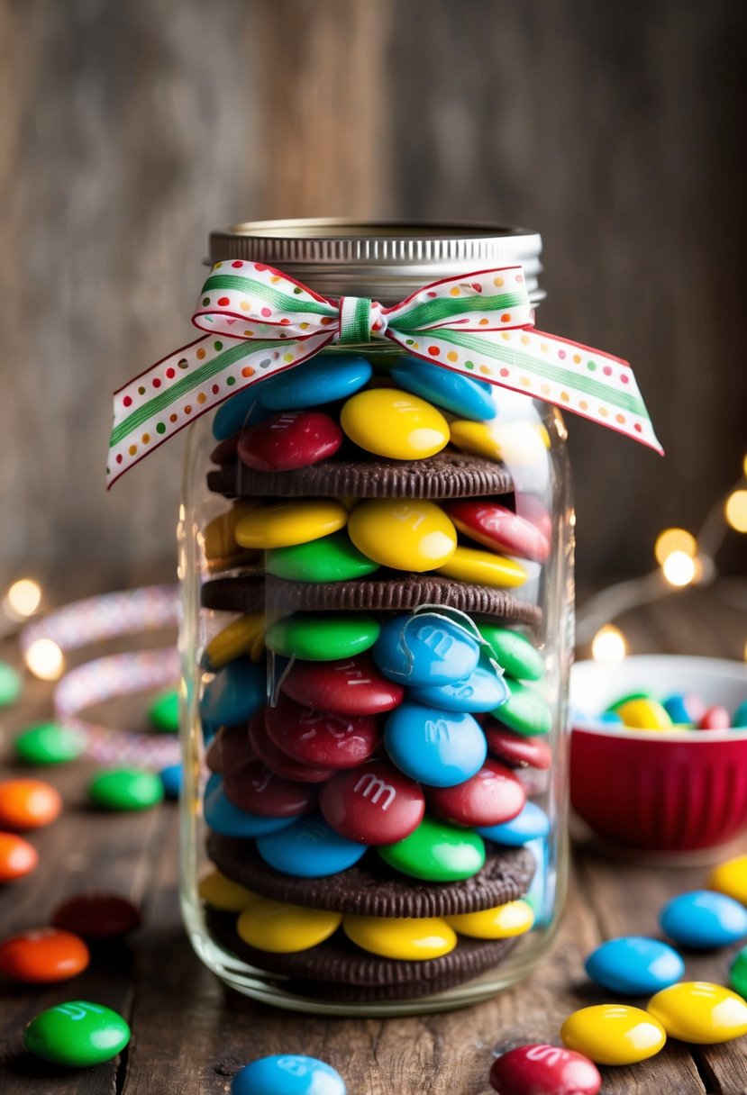 A mason jar filled with layers of colorful M&M cookies, tied with a festive ribbon