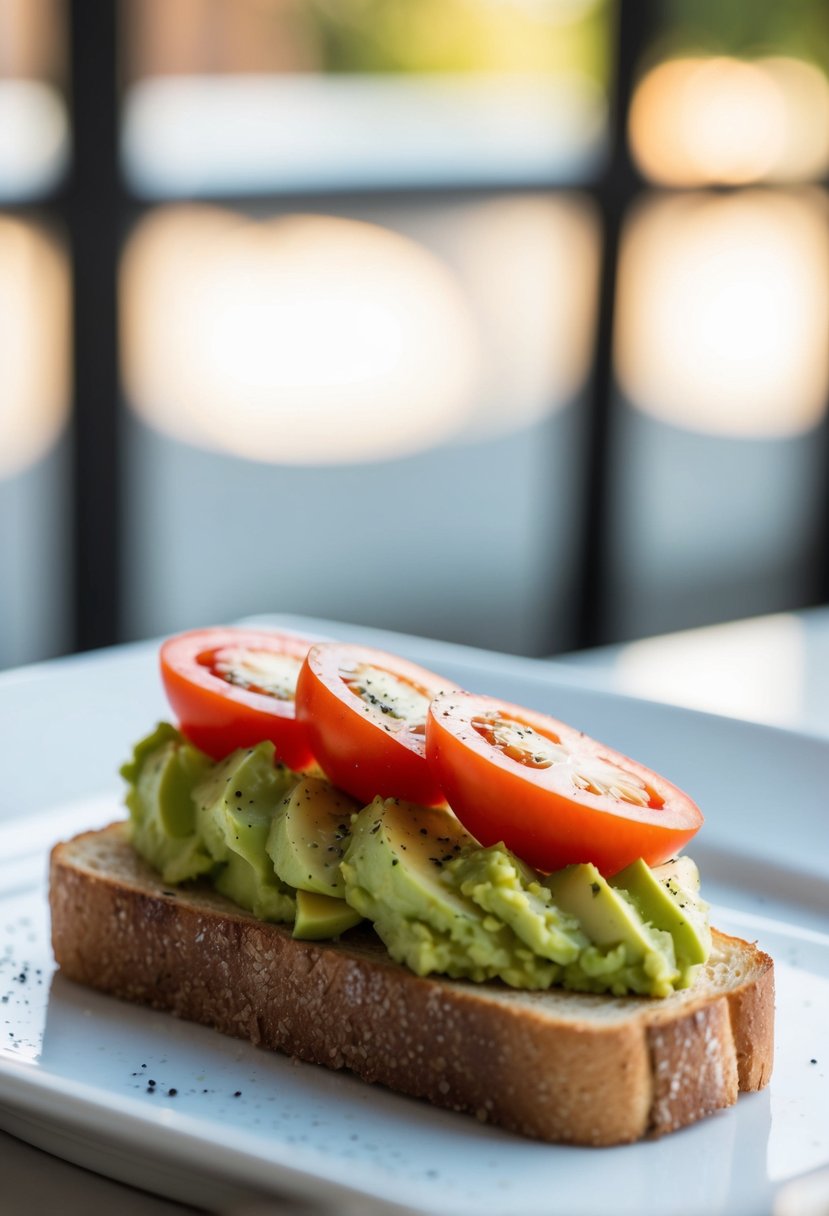 A slice of toast topped with mashed avocado and sliced tomatoes, sprinkled with salt and pepper, on a white plate