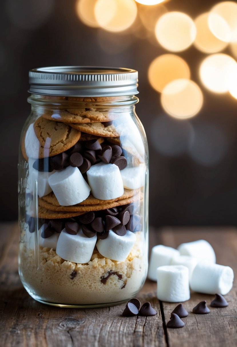 A mason jar filled with layers of cookie mix, marshmallows, and chocolate chips, ready to be made into delicious s'mores cookies