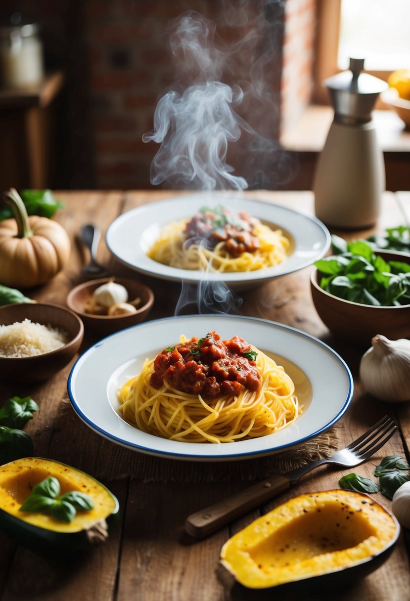 A rustic kitchen table set with a steaming plate of spaghetti squash marinara, surrounded by fresh ingredients and a warm, inviting ambiance