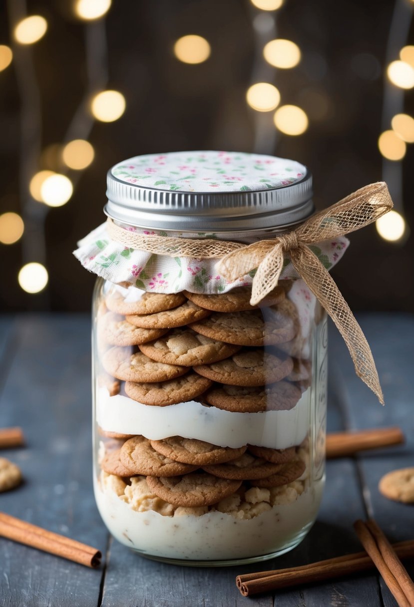 A mason jar filled with layers of snickerdoodle cookie mix, topped with a fabric lid and tied with a ribbon