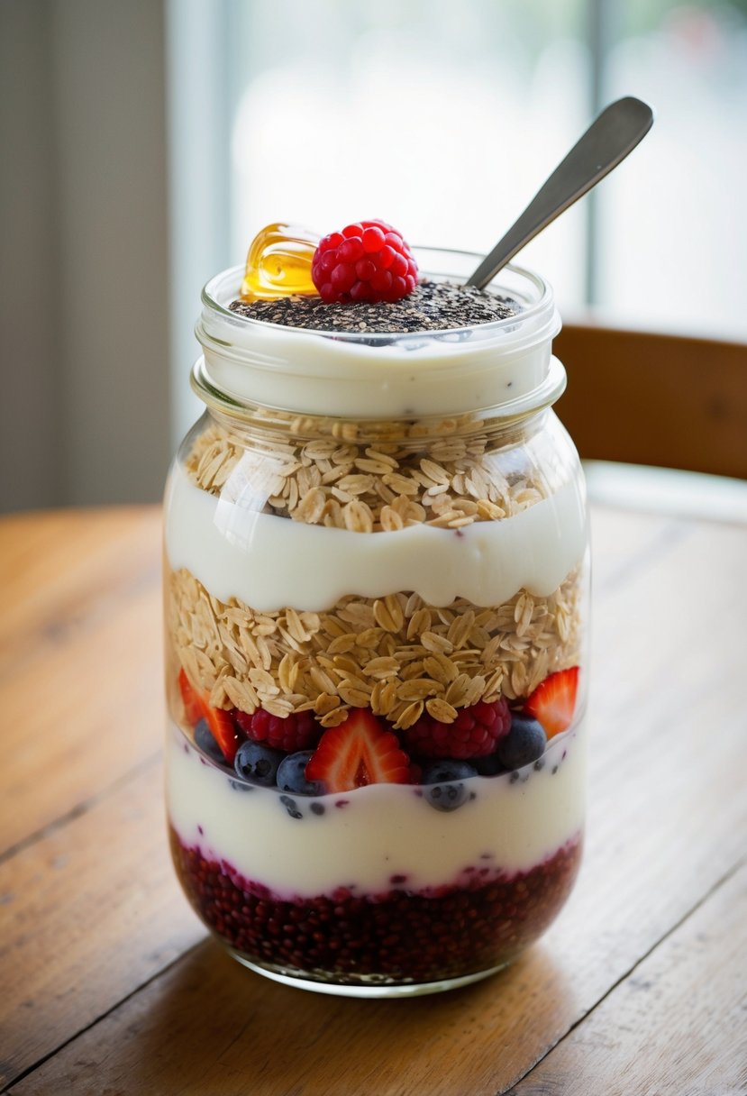 A glass jar filled with layers of oats, yogurt, and mixed berries, topped with chia seeds and honey, sitting on a wooden table