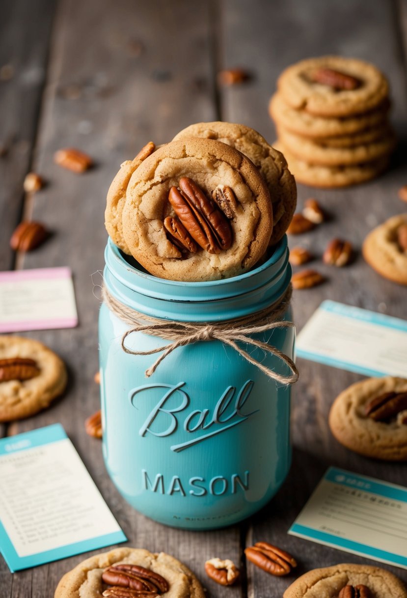 A rustic mason jar filled with butterscotch pecan cookies, surrounded by scattered recipe cards