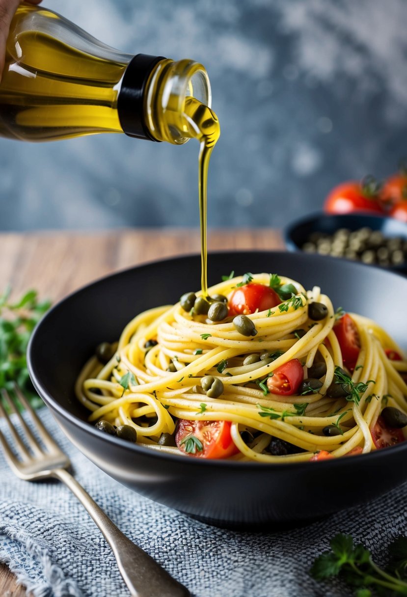 A bowl of pasta with capers, tomatoes, and herbs, drizzled with olive oil