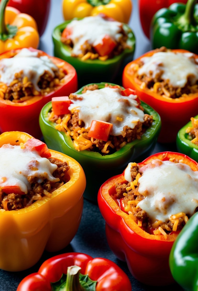 A colorful array of bell peppers, overflowing with a savory mixture of rice, ground meat, and tomatoes, topped with melted cheese