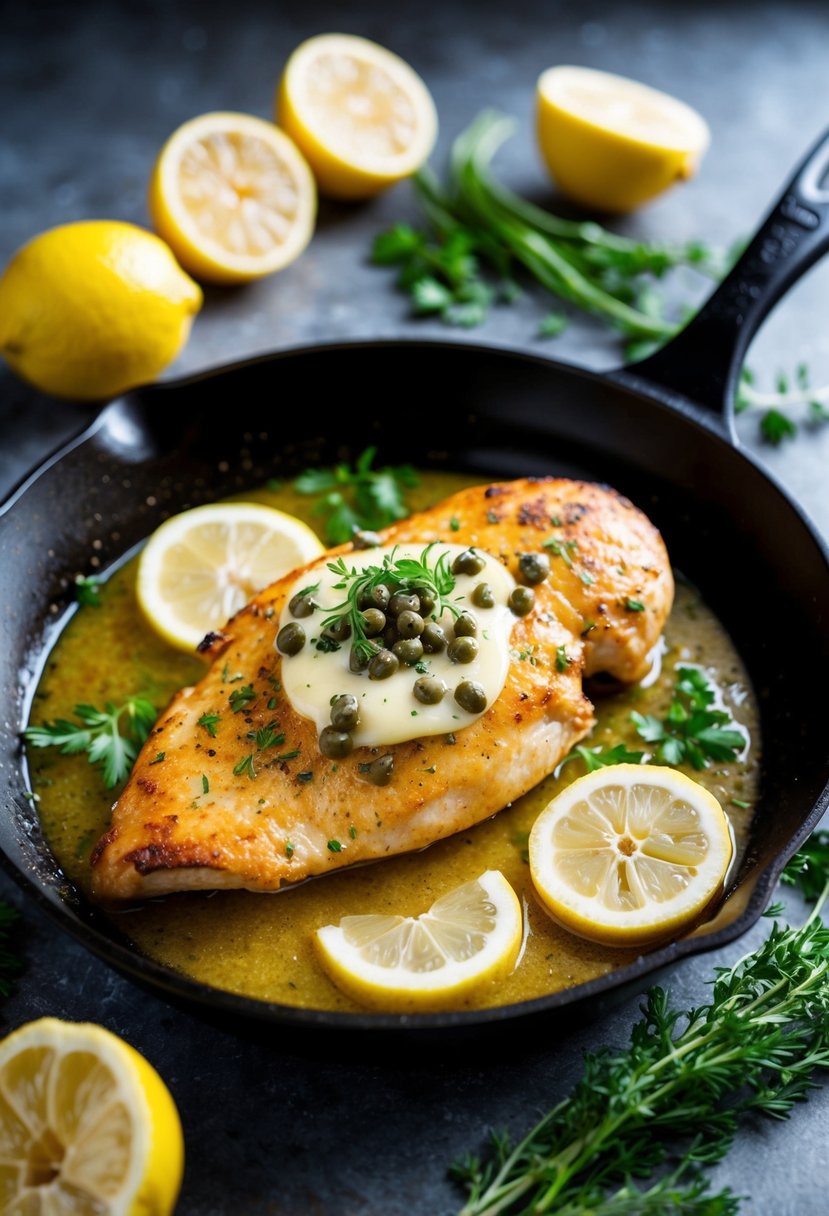 A sizzling skillet with golden-brown chicken breasts, topped with a tangy lemon and caper sauce, surrounded by fresh herbs and sliced lemons