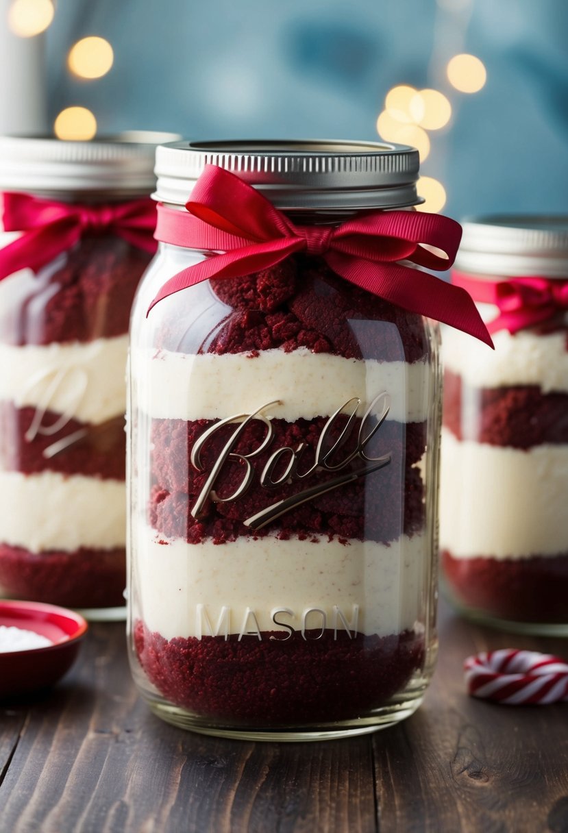 A mason jar filled with layers of red velvet cookie mix, sealed with a lid and tied with a ribbon