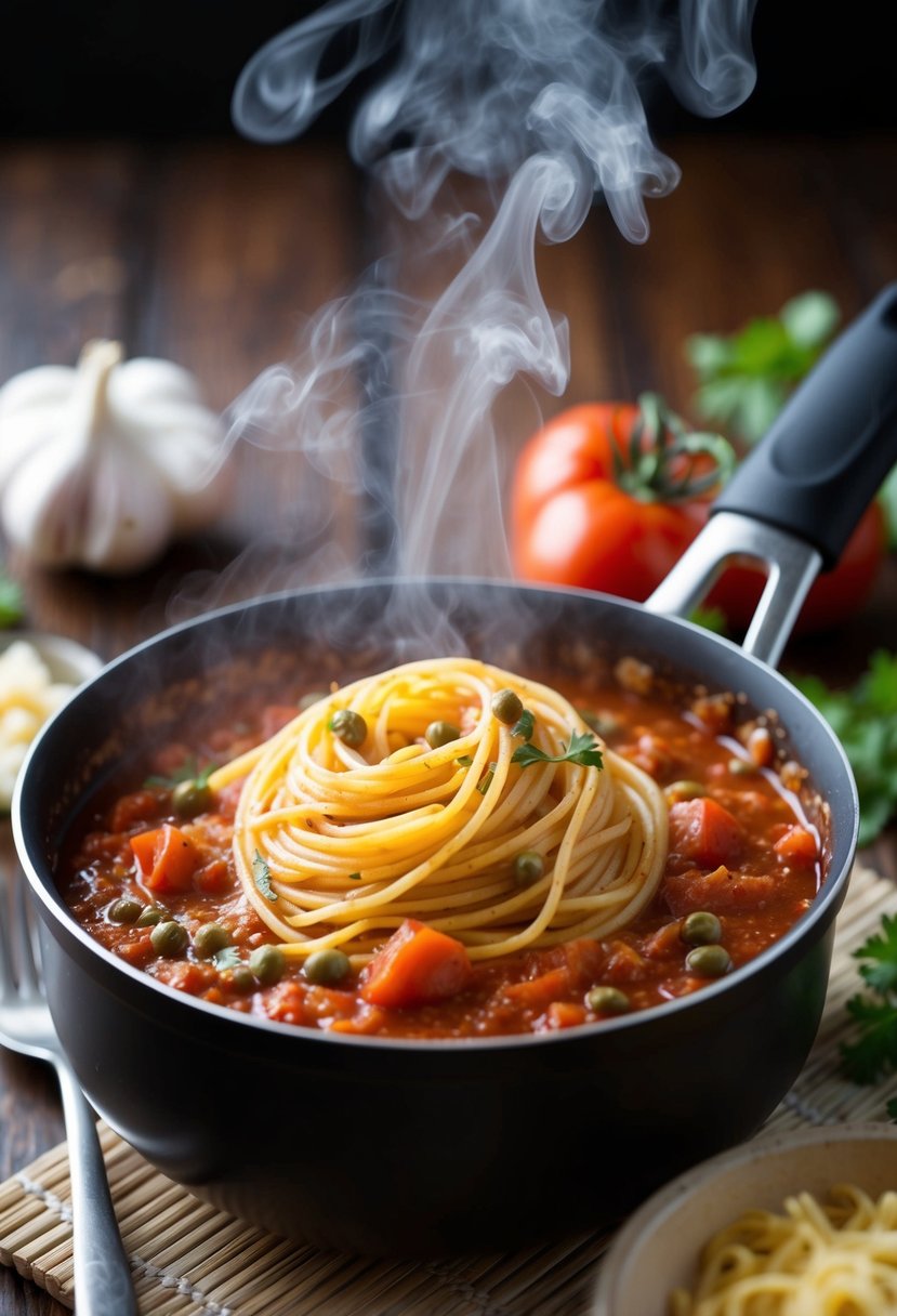 A pot of spaghetti simmers in a rich tomato and caper sauce, steam rising as the aroma of garlic and herbs fills the air