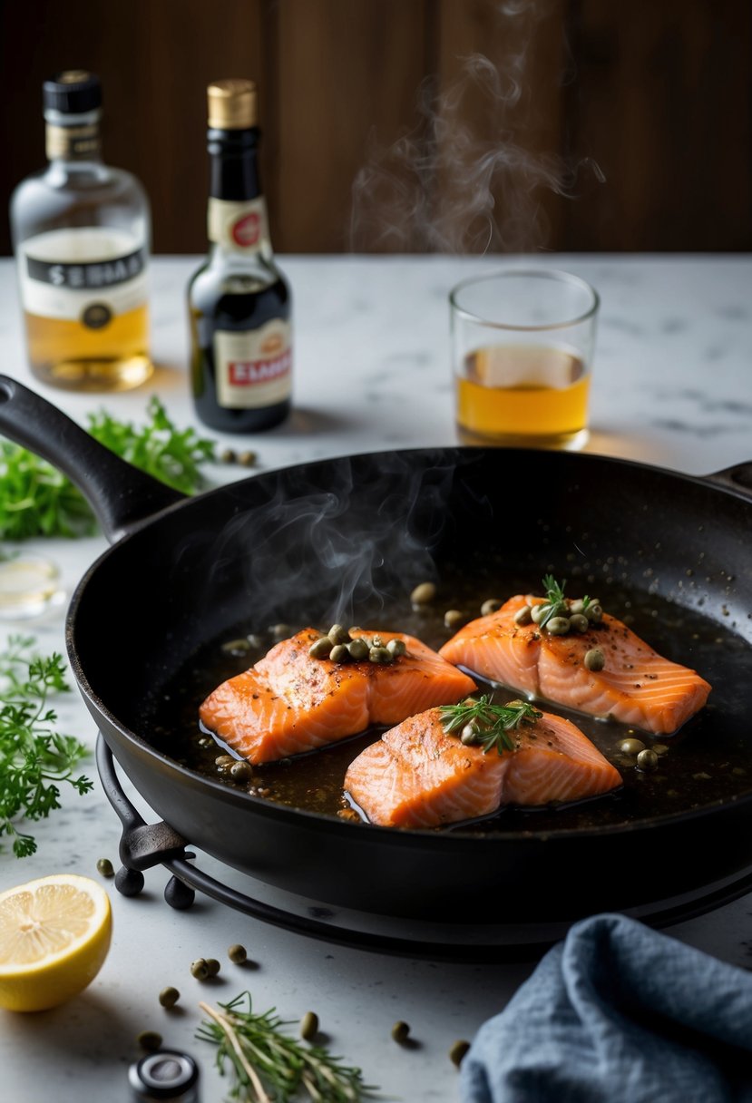 A skillet sizzles as salmon fillets sear, surrounded by capers, vermouth, and herbs