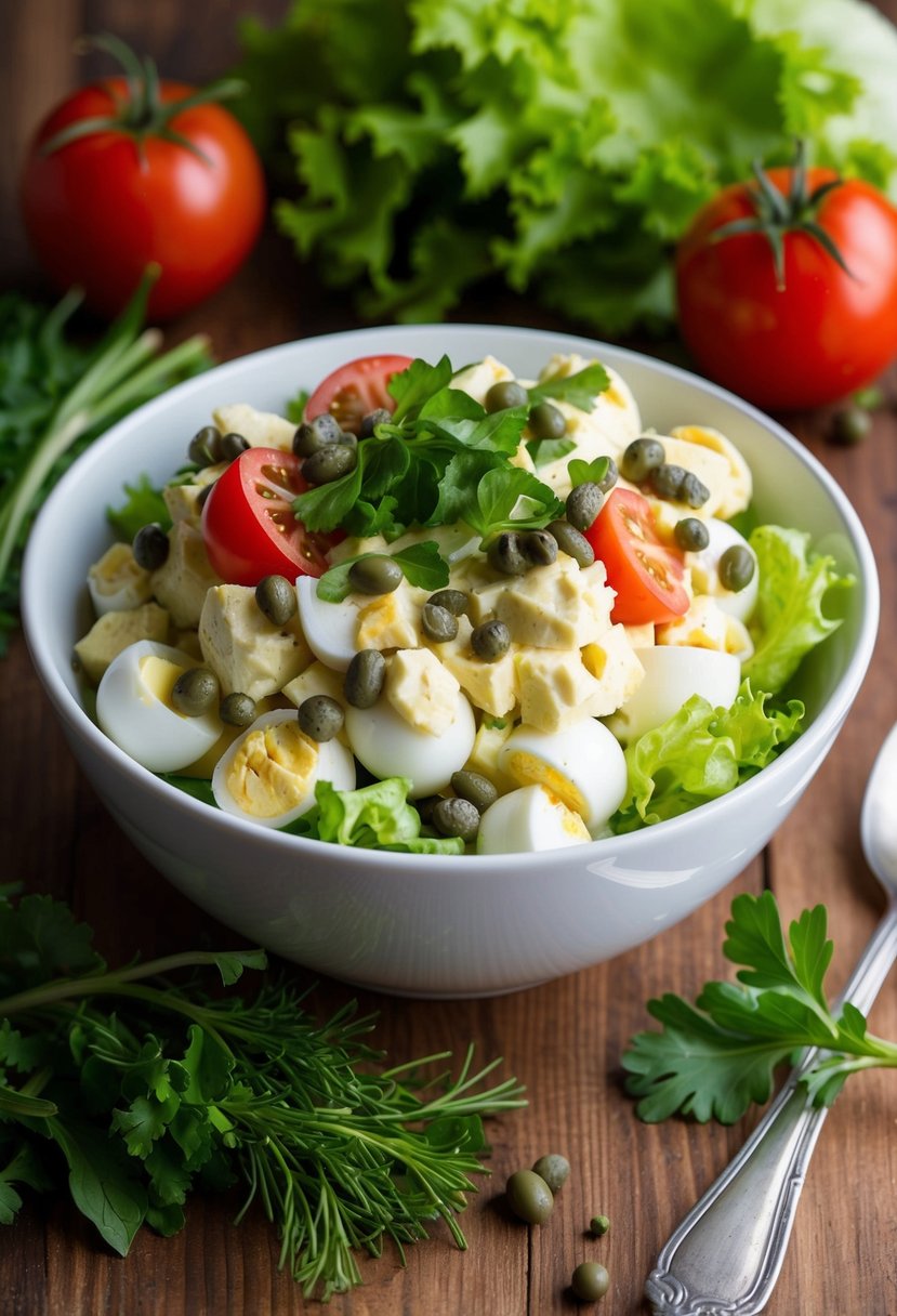 A bowl of egg salad with capers, surrounded by fresh ingredients like lettuce, tomatoes, and herbs, sits on a wooden table