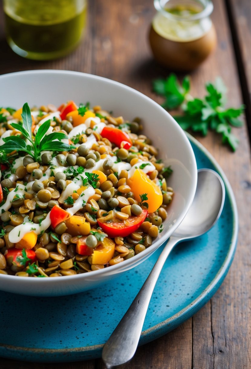 A colorful bowl of lentil salad with capers and red peppers, garnished with fresh herbs and drizzled with vinaigrette, sits on a rustic wooden table