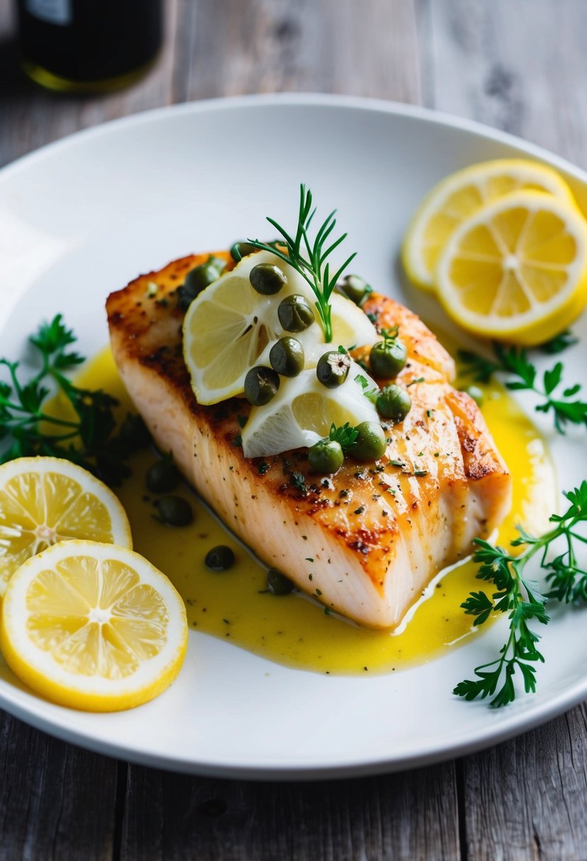 A sizzling swordfish steak topped with tangy lemon-caper sauce, surrounded by fresh herbs and sliced lemons on a white plate