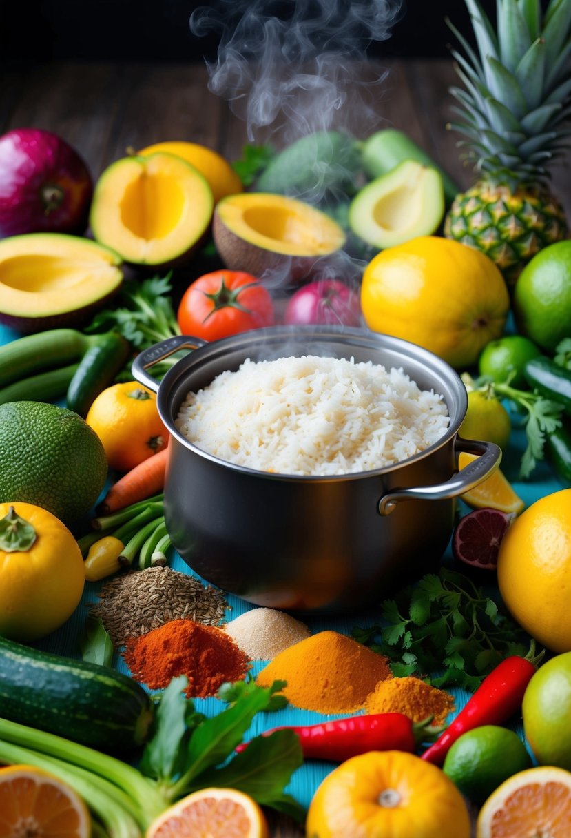 A colorful array of tropical fruits and vegetables surround a steaming pot of fragrant rice, with vibrant spices and herbs scattered nearby