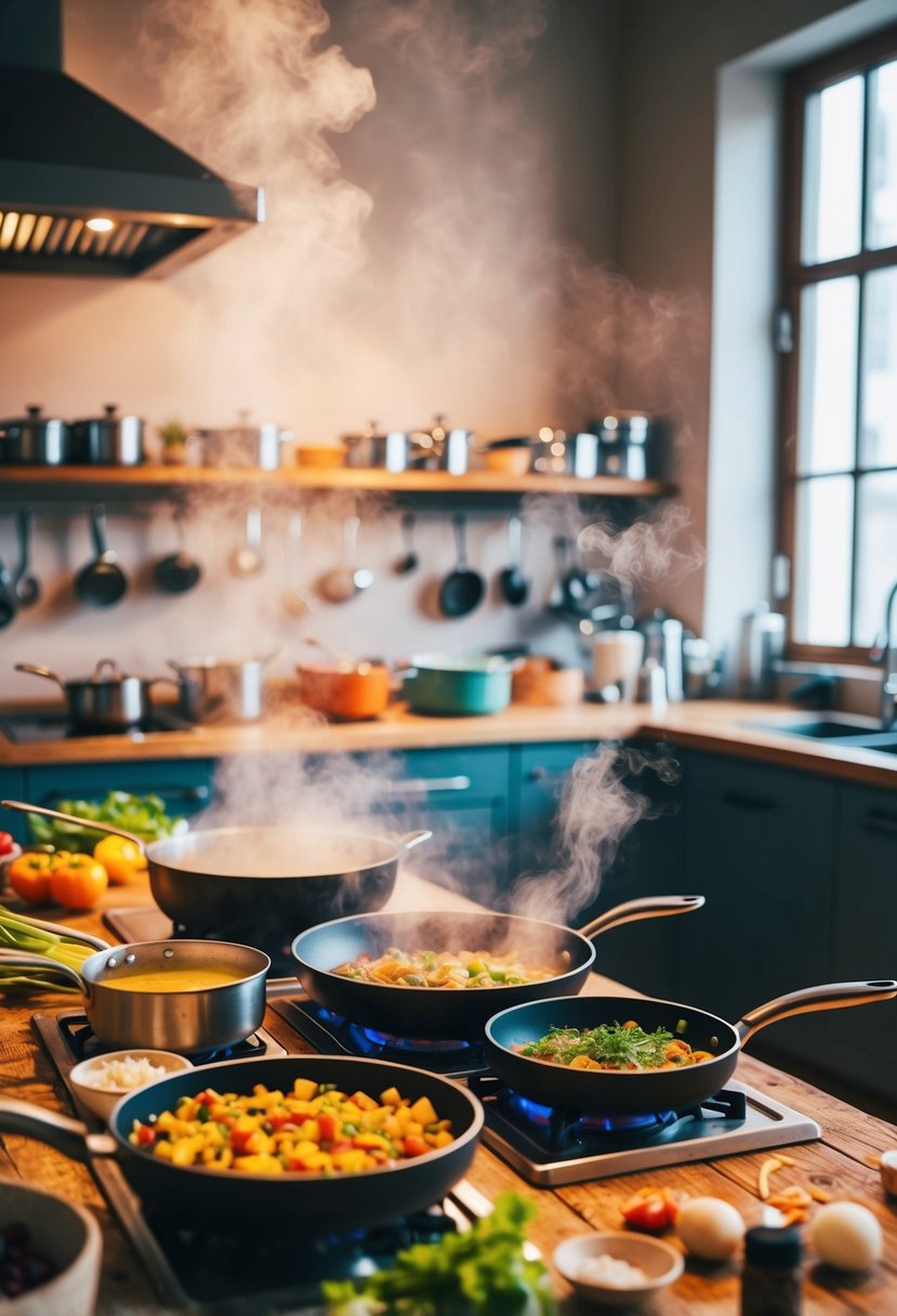 A bustling kitchen with steaming pots, sizzling pans, and colorful ingredients spread out on a rustic wooden countertop