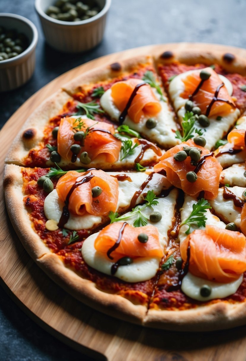 A circular pizza topped with smoked salmon, capers, and a drizzle of sauce on a wooden cutting board