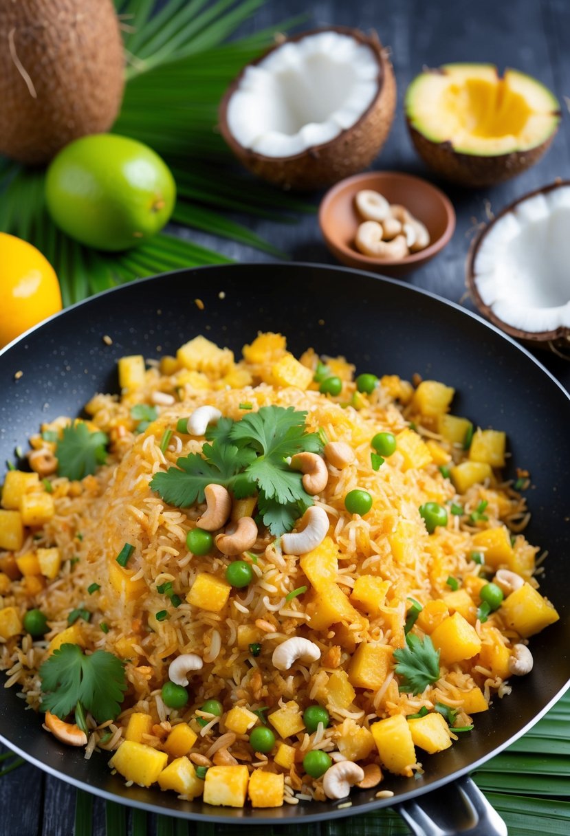 A sizzling wok filled with colorful pineapple fried rice, topped with cashews and fresh cilantro, surrounded by tropical fruits and coconut shells