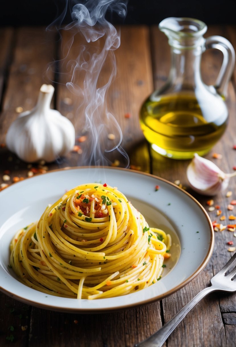 A steaming plate of spaghetti Aglio e Olio sits on a rustic wooden table, surrounded by fresh garlic, red pepper flakes, and a drizzle of olive oil