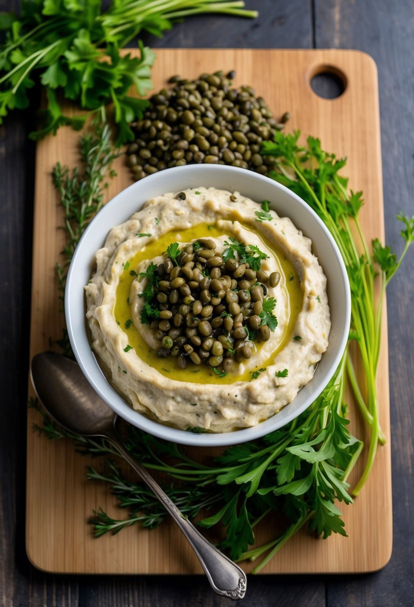 A bowl of white bean dip topped with capers, surrounded by fresh herbs and a pile of capers on a wooden cutting board