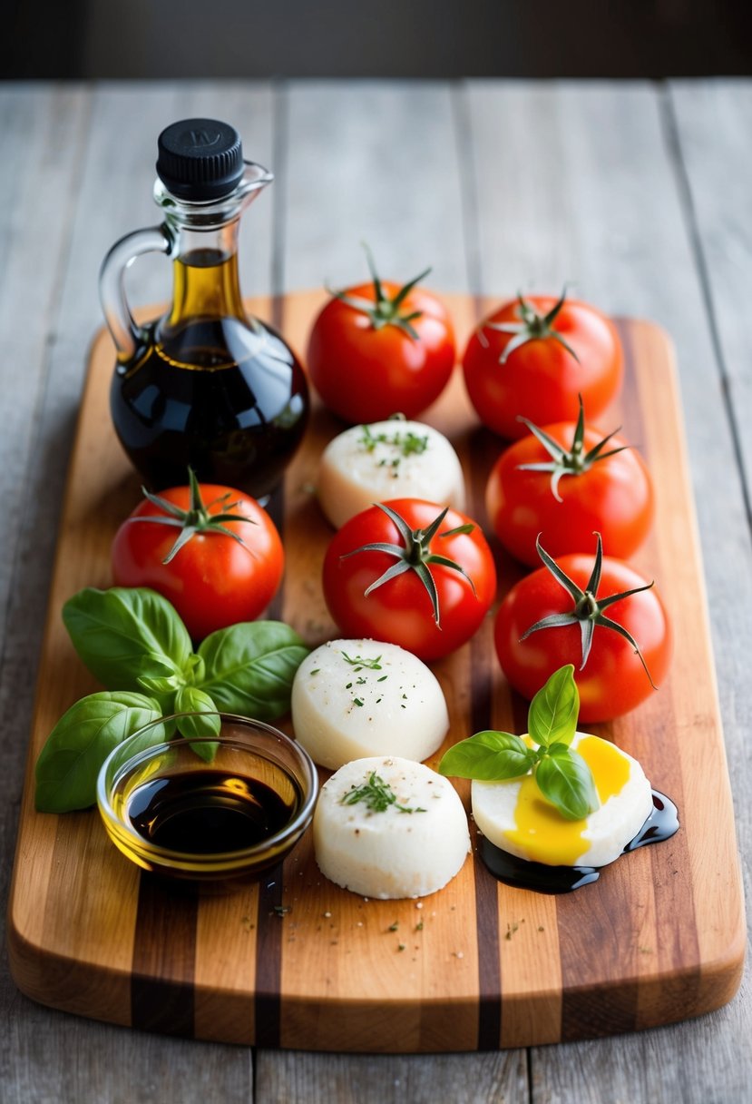 A wooden cutting board with fresh tomatoes, mozzarella, basil, olive oil, and balsamic vinegar arranged in a simple and appetizing display