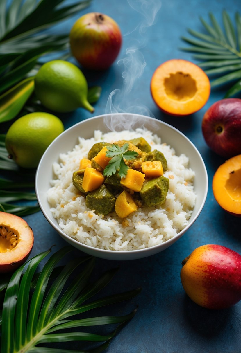 A steaming bowl of coconut curry rice surrounded by vibrant tropical fruits and foliage