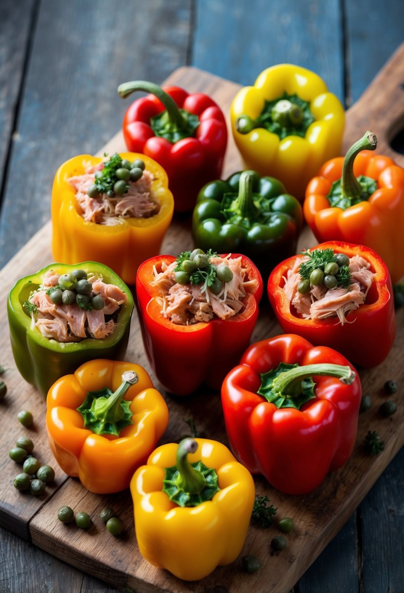 A colorful array of peppers, each filled with a savory mixture of tuna and capers, arranged on a rustic wooden cutting board