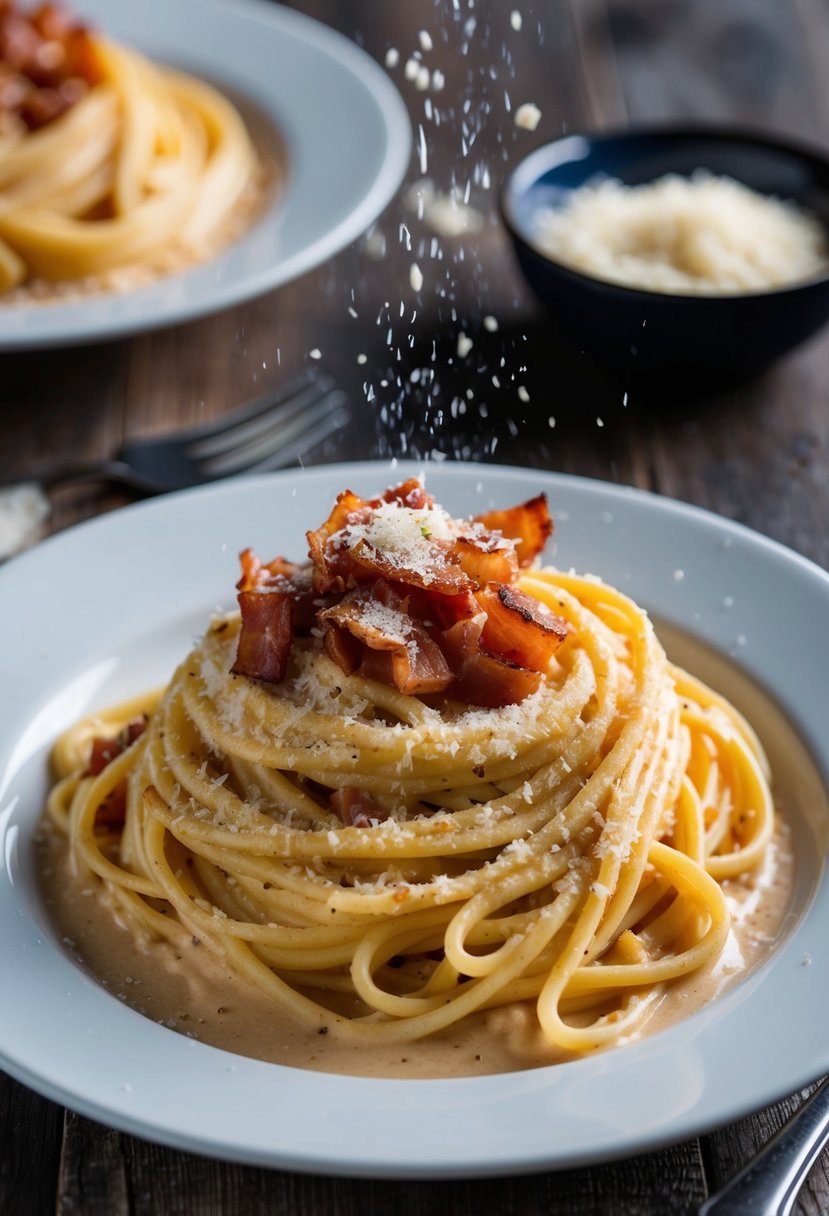 A steaming plate of pasta carbonara with crispy pancetta, creamy sauce, and a sprinkle of freshly grated parmesan cheese