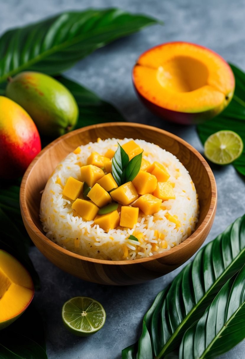 A wooden bowl filled with mango sticky rice surrounded by vibrant tropical fruits and leaves