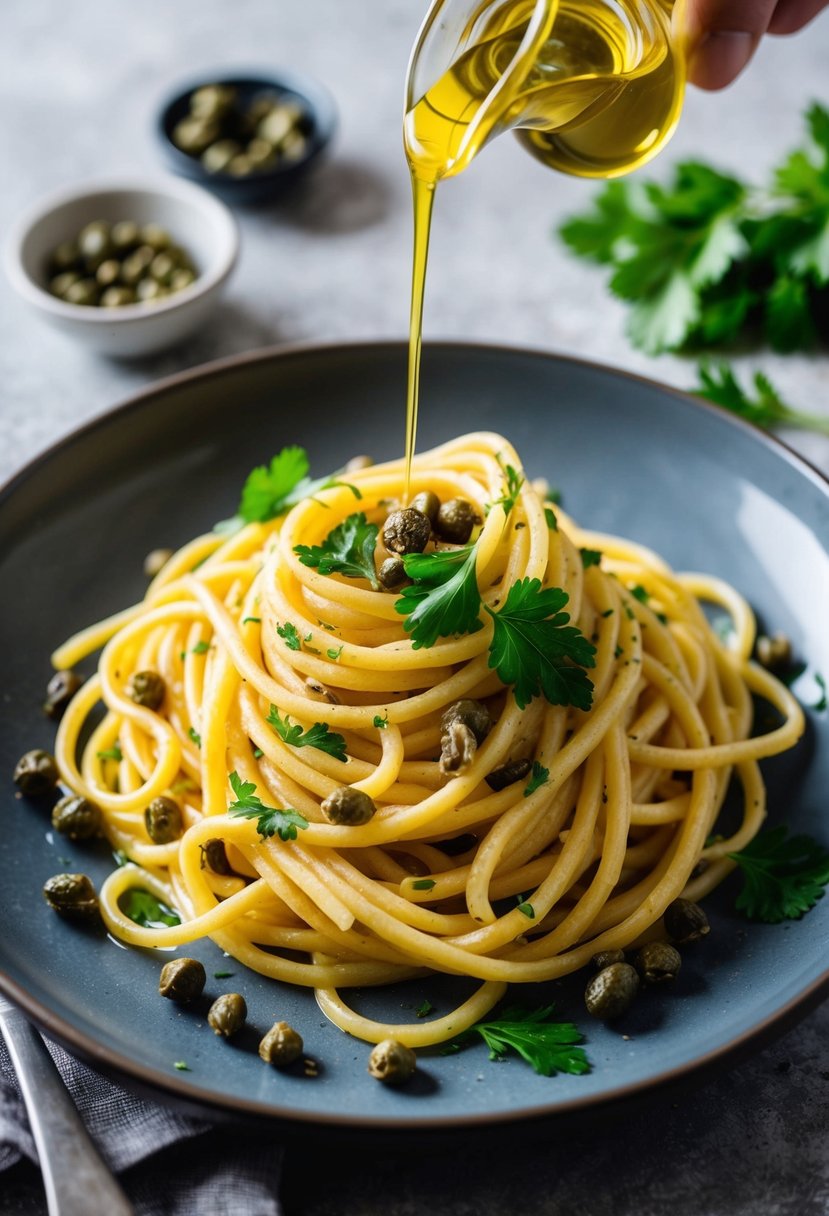 A steaming plate of pasta with crispy capers and parsley, garnished with a drizzle of olive oil