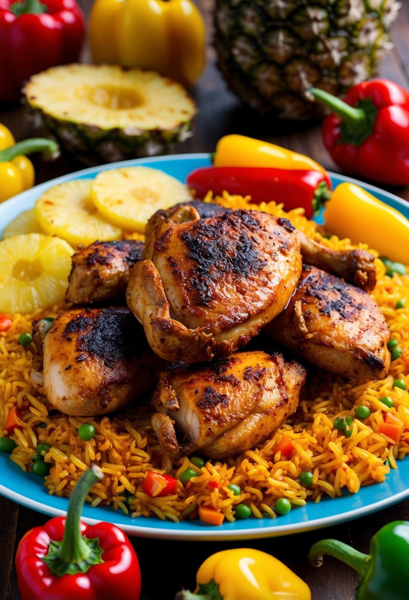 A sizzling plate of spicy jerk chicken over a bed of colorful tropical rice, surrounded by vibrant ingredients like pineapple, bell peppers, and scotch bonnet peppers